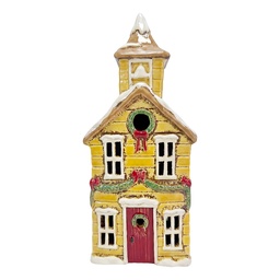[6CE2534] Tealight Holder Christmas House Yellow White 12x9x28 cm