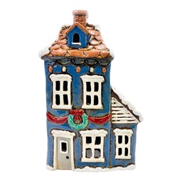 [6CE2541] Kerzenhalter Weihnachten Häuschen Blau Braun 17x11x27 cm