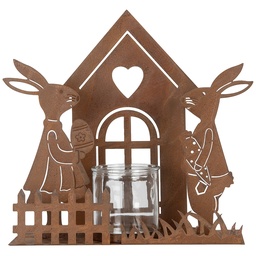 [6Y5786] Kerzenhalter Haus mit Kaninchen Braun 26x9x26 cm