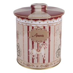 [6BL0194] Scatola di Latta Beige Rosso Ø 15x17 cm