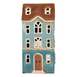 [6CE1915] Tealight Holder Christmas House Blue Brown 11x9x22 cm