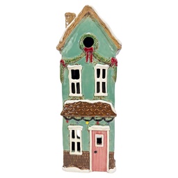 [6CE2532] Tealight Holder Christmas House Green Brown 12x9x28 cm