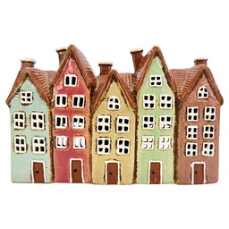 [6CE2537] Tealight Holder Christmas Houses Brown Beige 26x9x17 cm