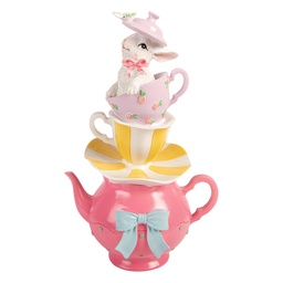 [6PR5948] Dekoration Teekanne mit Tassen gestapelt Weiß Rosa 16x13x26 cm