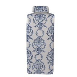 [6CE2388L] Barattolo per decorazioni con coperchio Bianco Blu 16x16x41 cm