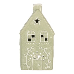 [6CE2328] Tealight Holder Christmas House Green White 11x9x21 cm