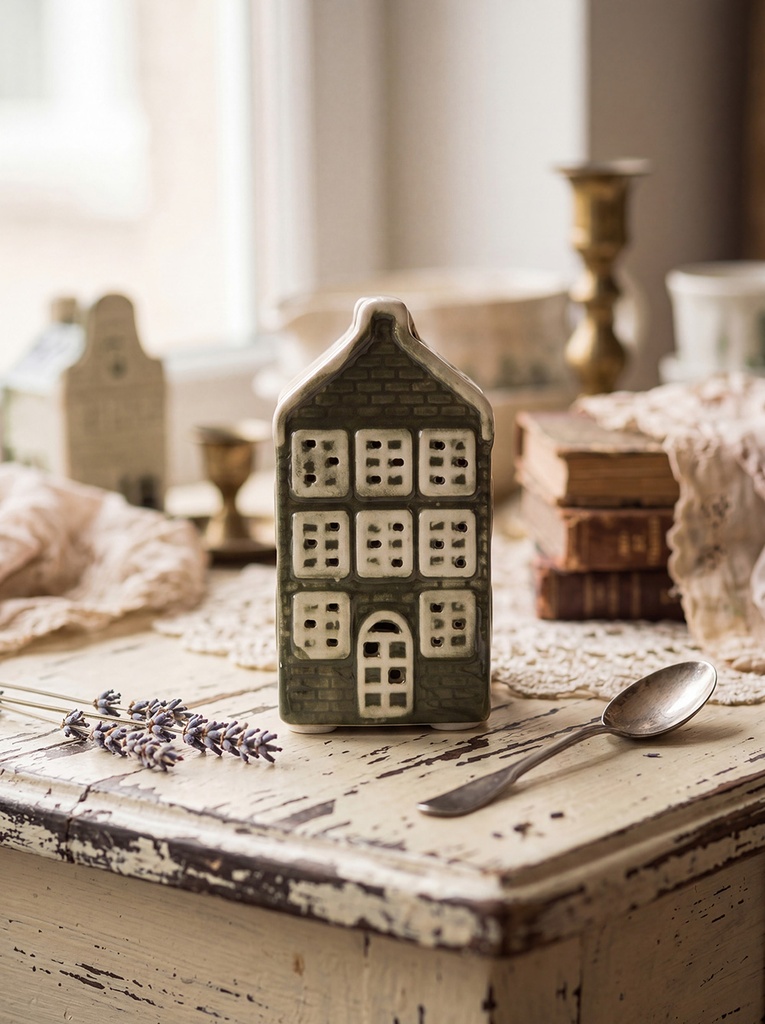 Decoration House with LED Green Beige 4x4x8 cm