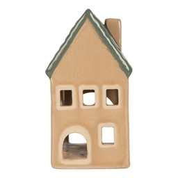 [6CE2307] Tealight Holder Christmas House Beige Green 6x6x11 cm