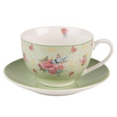 Kaffeetasse mit Unterteller Grün, Beige, Rosa 12x9x6 cm / Ø 14x2 cm / 200 ml