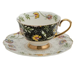 [6CE1283] Kaffeetasse mit Unterteller Weiß, Schwarz 12x9x6 cm / Ø 15x2 cm / 200 ml