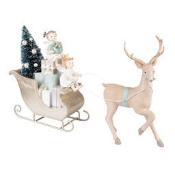 [6PR3779] Decorazione slitta con renna Beige Verde LED 36x10x26 cm / 2xAAA