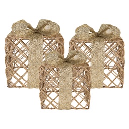 [66311] Decorazione regalo con LED set de 3 Color oro 25x25x30 / 20x20x24 / 15x15x17 cm / 6xAA