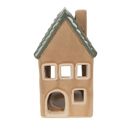 [6CE1600] Tealight Holder Christmas House Brown, Green 8x8x15 cm