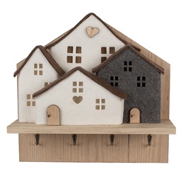 [66307] Porte-manteau avec maisons en feutre Marron Blanc 40x13x40 cm