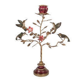 [6PR6037] Kerzenständer Vögel Goldfarbig Rot 27x17x38 cm