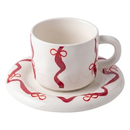 [6CEKS0146] Kaffeetasse mit Untertasse Weiß Rot