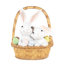 [6PR5219] Image de décoration Lapins dans panier Blanc Marron 17x13x20 cm