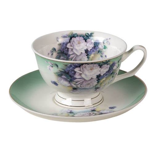 Clayre & Eef Kop en Schotel 200 ml Groen Wit Porselein Bloemen