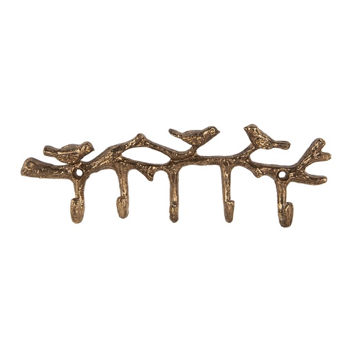 Clayre & Eef Wandkapstok 5 Haken Vogels 18x2x6 cm Goudkleurig Metaal