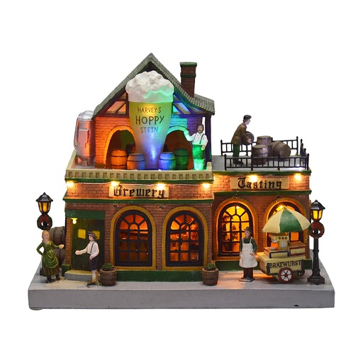 Spieldose Bahnhof mit LED Braun Grün 33x13x25 cm / 3xAA